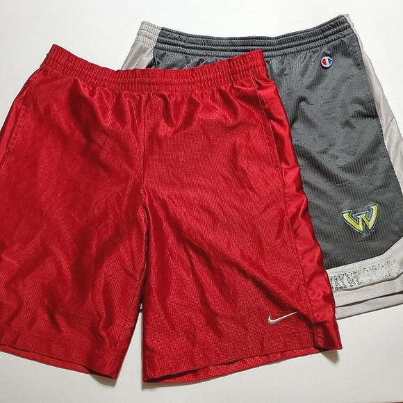 🏠  Basketball Shorts 2 Pair Nike & Champion Colors Maroon and Gray Sizes Lg - Picture 1 of 13